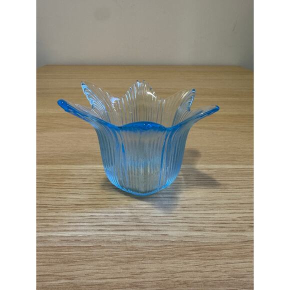 Clear Blue Glass Ribbed Tulip Candle Holder VINTAGE - Picture 2 of 5